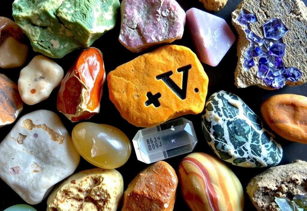 Rocce elementari e cristalli che simboleggiano i minerali